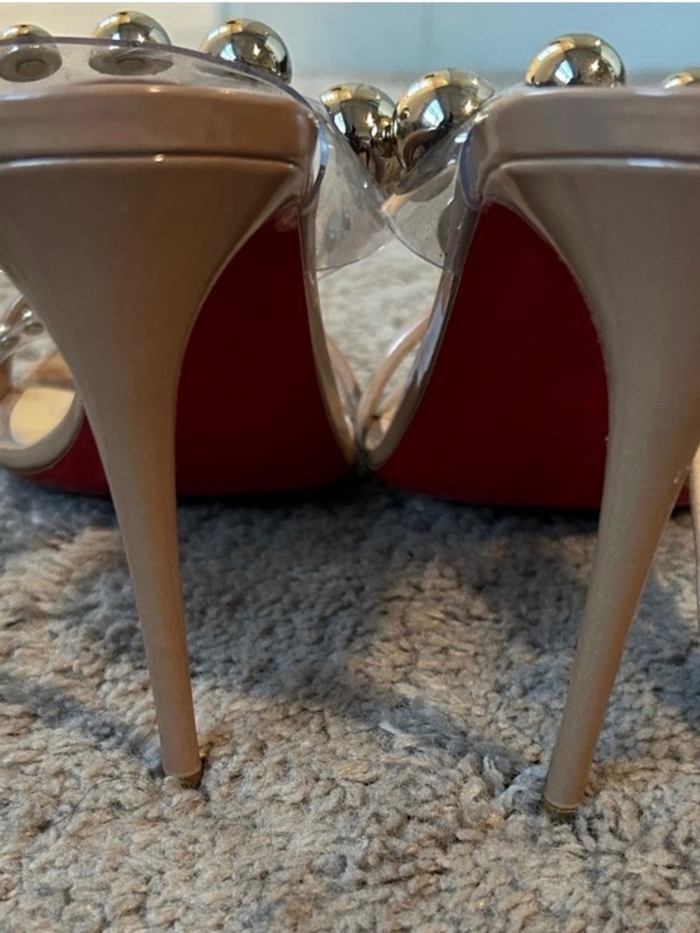 Christian Louboutin Nude Patent Open-Toe Heels with Silver Stud Embellishments - Picture 4 of 6